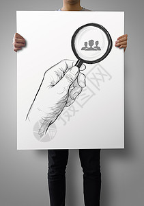 招募合伙人海报显示手握放大镜玻璃Lo的挂图海报的人背景