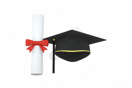 毕业结怀念毕业帽与文凭放在白色 background3d 渲染蝴蝶结知识成就帽子学院大学证书丝带学习单身汉背景