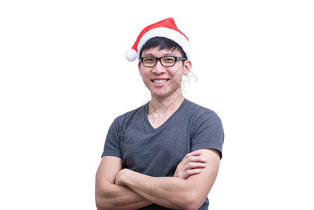 圣诞老人手臂戴眼镜和灰色衬衫的亚洲圣诞老人男子有很深的海眼镜假期衣服庆典力量男人欢呼帽子乐趣手臂背景