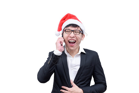 辅大耶诞节生意人跟圣诞节一起聊天和欢笑的耶诞节衬衫帽子商业办公室套装电话经理节日庆典乐趣背景