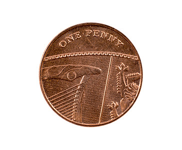 用过的英国一便士硬币 白背景孤立高清图片