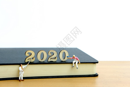 2020年总结2021年计划2020 年新年快乐 时钟簿和画家工人形象桌子服务玩具团队商业庆典木头问候语工作日历背景