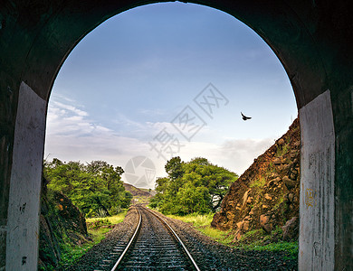 通过废线隧道鸟儿通过铁轨的拱形铁路隧道拍到的画面背景