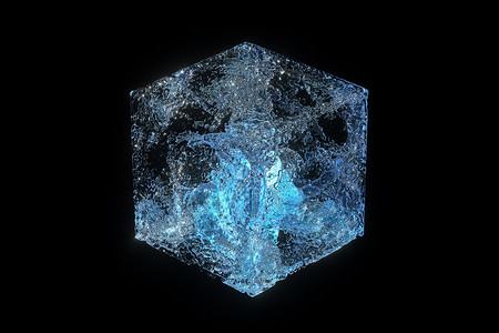 水晶蓝色玻璃立方体 里面有发光的颗粒 3D投影水晶渲染反射冻结蓝色耀斑冷藏正方形辉光盒子背景