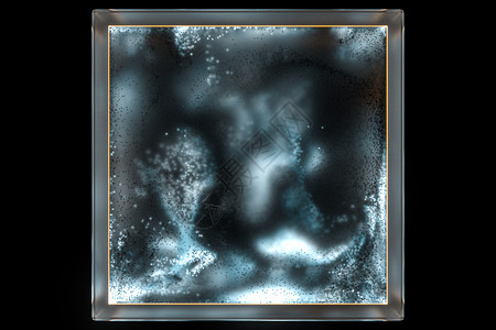 抽象毛玻璃里面有发光粒子的冰霜玻璃立方体 3D放大辉光冷藏蓝色正方形水晶渲染耀斑冻结盒子毛玻璃背景