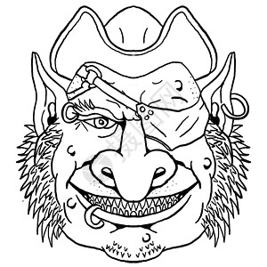 小恶魔艺术字海盗肖像生物手绘怪物小鬼恶魔插图恶意绘画白色耳环背景