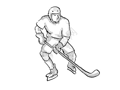 打冰球卡通冰冰冰曲棍球玩家卡通手工曲棍球艺术品绘画行动草图球棒漫画运动墨水背景