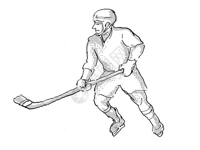冰球卡通冰冰冰曲棍球玩家卡通墨水运动球棒冰球色调画线插图漫画草图头盔背景