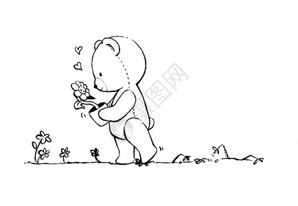 手绘熊可爱的泰迪熊带着一个花盆 走远了 踩在步行道上的鲜花 线上画着白色背景的卡通风格插图背景