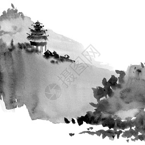 黑色风景水彩画中国风景旅游手绘卡片天空艺术品国画插图宝塔墨水罪恶背景