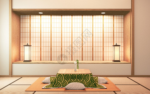 japan高松低桌和枕头放在塔塔米垫上 Japan3D室红色框架芳香毯子小样木头文化旅行抹茶茶壶房子背景