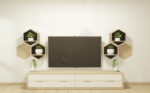 电视机纸墙壁和木板f上装有木制六边形砖瓦的木纸柜电视机小样电视内阁风格手表瓷砖桌子渲染单元智能背景