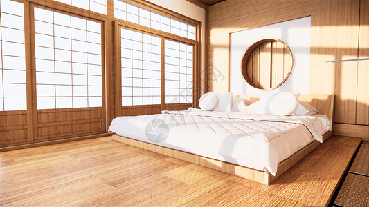 室内内部墙壁在卧室中用木床制成 最起码的面积房间框架嘲笑枕头窗帘小样植物桌子渲染地面背景图片