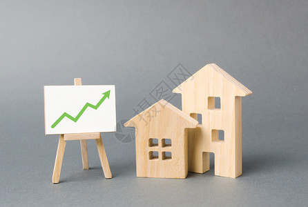 费率两个木屋和标志上的绿色向上箭头 房地产增值 住房价格上涨 建筑维修 高建设率 高流动性 供需背景
