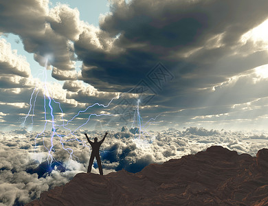 闪电风暴山日出时闪亮力量活力男人悬崖男性旅行蓝色闪电石头天堂背景