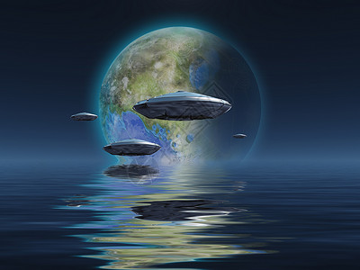 飞碟和外星人飞往新地形化家的航班反射殖民地飞船蓝色地平线飞碟天堂地球化星系气氛背景