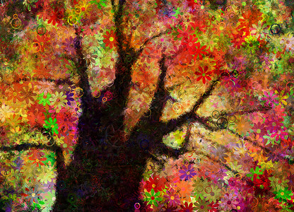 色彩多彩的抽象树万花筒辉光墙纸异国几何学艺术曲线魔法插图科学背景图片