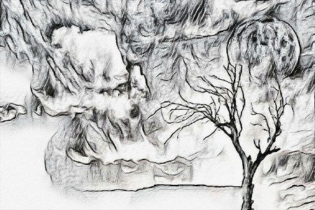 黑白画素材树孤独的树粉笔剪影生活月亮线条绘画水彩土地艺术世界背景
