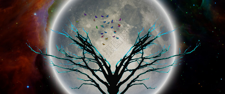 生命树艺术品蝴蝶辉光精神场景月亮地球小说世界宇宙背景图片