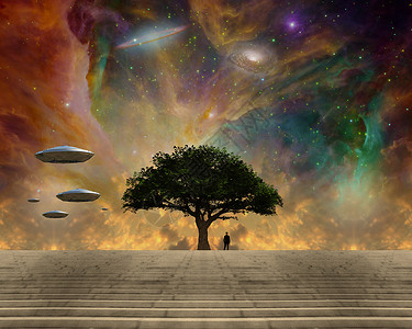 生命树和航天器环境科幻世界叶子上帝创造者脚步孤独飞行地球背景图片