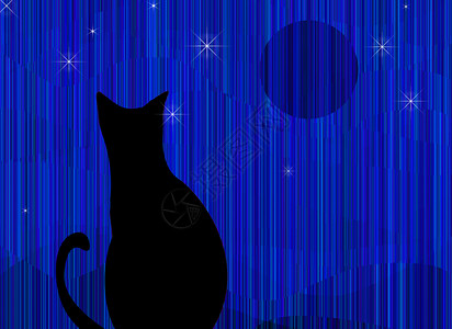 看星星的猫黑猫身体插图蓝色绘画月光猫科动物星星圆圈伴侣线条背景