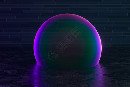 透明发光的球紫色泡泡在地板上 底底深 3D造影球体讲台渲染展示俱乐部风景地面气泡彩虹圆圈背景