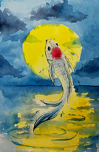 黄色的锦鲤一头科伊鱼在满月之夜跳到地表 水彩手绘画 是好运和繁荣的象征背景