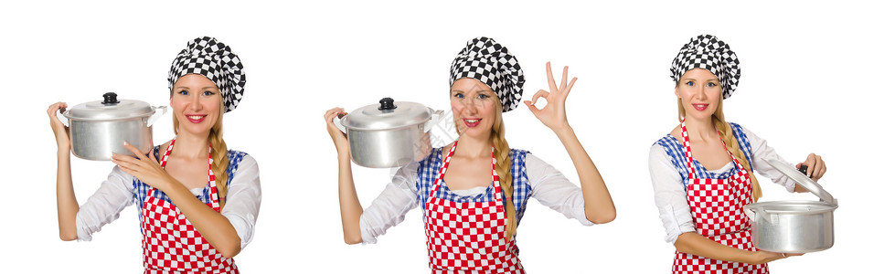 地瓜放锅女性厨师孤立在白色背景上厨房服务女孩女士饮食职业盘子姿势收藏美食背景