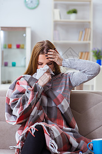 喉箍家里有流感的患病妇女手帕痛苦感染毯子鼻子卫生保健假期病人疼痛背景