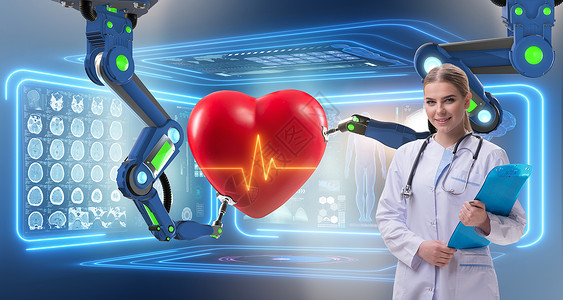 达芬奇手术机器人远程医疗概念 对心脏病症进行远程监测攻击心脏病咨询手臂互联网卫生呼吸外科保健诊断背景
