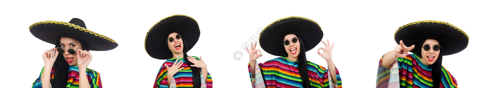 衣服种族墨西哥女人在白色的滑稽概念中女士国家太阳镜收藏牛仔乐队女性刮刀彩虹帽子背景