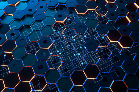 设计和几何结构球形六角立方体背景 高科技网络空间 3D投影技术母板电脑科学渲染蓝色工程数据硬件木板背景