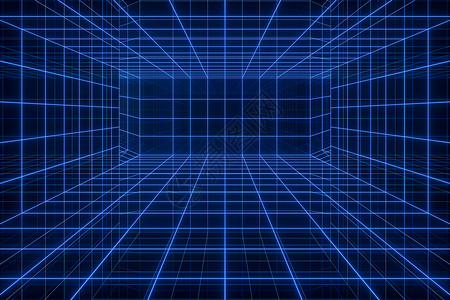 浅色几何空间隧道3D清空的网络空间隧道 有光线 3D翻接射线科幻渲染网格科学蓝色激光合成逆波线条背景