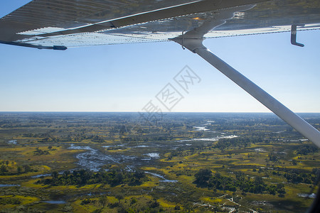 维米复翼飞机非洲博茨瓦纳莫雷米国家公园的空中景象 从一架小飞机上可以看到 蓝天有翼可见 明亮的阳光天空旅游天线空气蓝色航班草原旅行角度翅膀背景