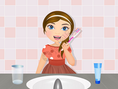 小女孩刷牙了快乐牙齿牙刷器具牙膏浴室插图牌匾微笑卫生背景图片