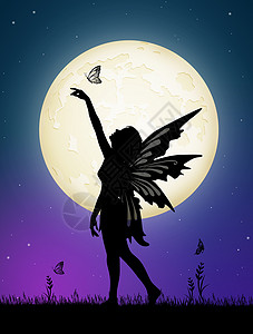 蝴蝶剪影在月光下仙女跳舞背景