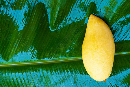 芒果带叶子湿香蕉叶上的黄芒果水果 天然食品甜点早餐蔬菜美食情调橙子异国热带食物饮食背景