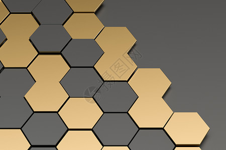 设计和几何结构深色和金色六边形背景 3D介面奢华网格技术金属多边形蜂窝创造力商业工业几何学背景