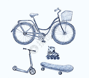 手绘自行车一套体育运输物体 自行车 滑板 滚轮和滑板;光背景图纸;手绘图案背景