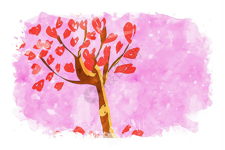 红叶树 粉红水彩色背景背景图片