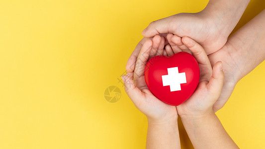 红十字心世界红十字日 成人和儿童手握着红心 他高血压国家急救心脏家庭卫生病人儿科保险捐赠者背景