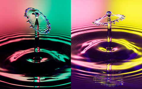 颜色水滴液滴物拼合工艺水滴艺术宏观时间飞溅飞沫雨滴速度碰撞气泡背景