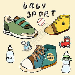 手绘拖鞋以彩色手绘的婴儿鞋草图插图笨蛋火车运动棒球玩具写意绘画婴儿期童年背景