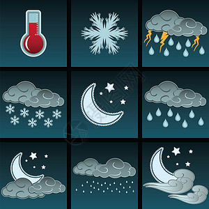 温度图夜气象彩色图标集季节气候气象闪电雪花预报倾盆大雨温度雷雨风暴背景