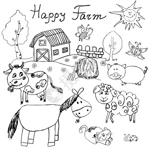 手绘动物羊手与马 牛 羊猪和谷仓一起绘制草图 孤立了儿童般的卡通式粗略矢量插图涂鸦卡通片农场生物哺乳动物生态村庄羊肉环境食物背景