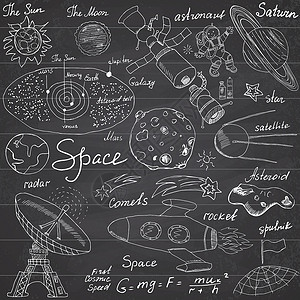 宇宙行星手绘空间涂鸦图标集 手绘草图与太阳系 行星流星和彗星 太阳和月亮 雷达 宇航员火箭和恒星 黑板背景上的矢量图太空人卫星宇宙卡通片技术背景