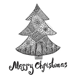 手绘圣诞树Ornament 手画圣诞树的草图 以zentangle风格绘制 带装饰和字母的矢量插图 孤立刻字涂鸦季节手绘问候语装饰品庆典绘背景