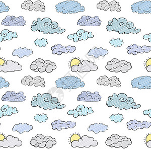 厚涂云手工绘制了由不同云 草图组成的多面纸 收集在白色上孤立的矢量插图蓝色涂鸦艺术绘画天气气候收藏预报墨水蜡笔背景