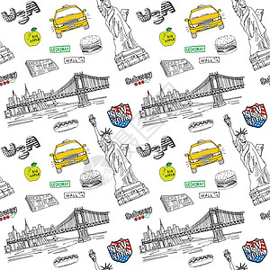 涂鸦图案纽约无缝模式 手画草图 热狗 汉堡 自由雕像 报纸 Manhatan桥 在白色上孤立的涂鸦矢量插图城市街道手绘商业旅行摩天大楼剪背景