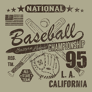 比赛海报背景棒球运动排版 东部联盟洛杉矶 交叉棒球棒素描和手套 T 恤印刷设计图形 矢量插图海报 徽章贴花标签团队星星锦标赛竞赛比赛打印蝙蝠背景